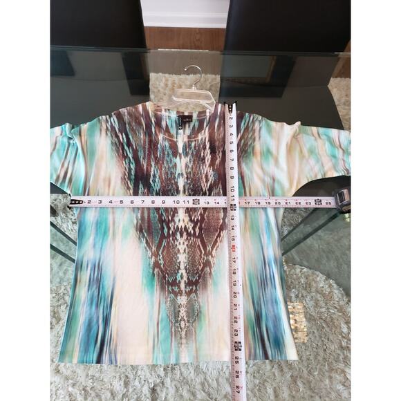 New Directions Blouse Women Medium Multicolor Teal Brown Abstract Print Top - Picture 9 of 11